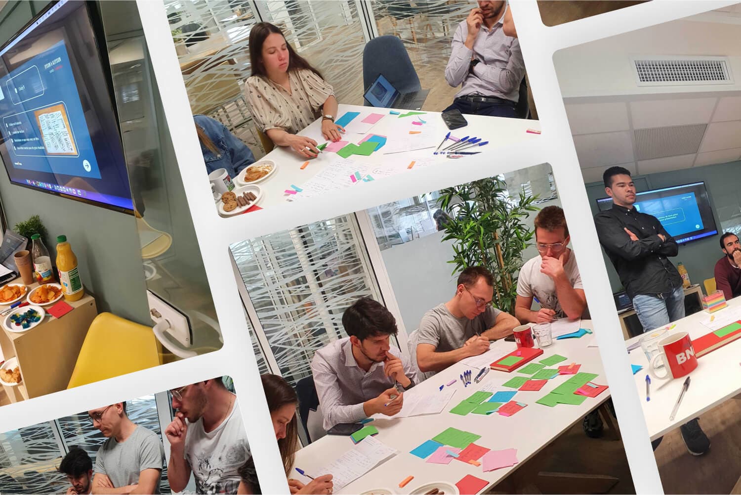 Photos de l'équipe pendant l'atelier de co-conception, autour de post-it et de fiches d'idéation