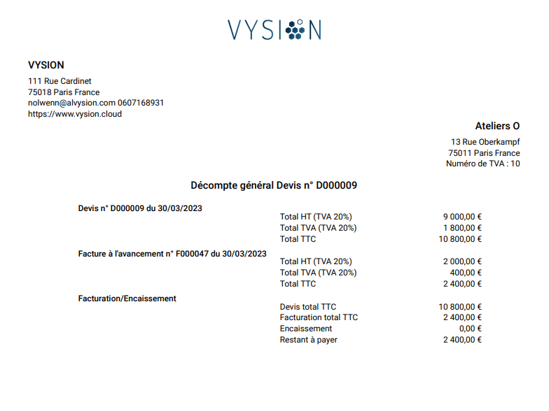 Décompte général VYSION comparant le devis, la facturation et l'encaissement