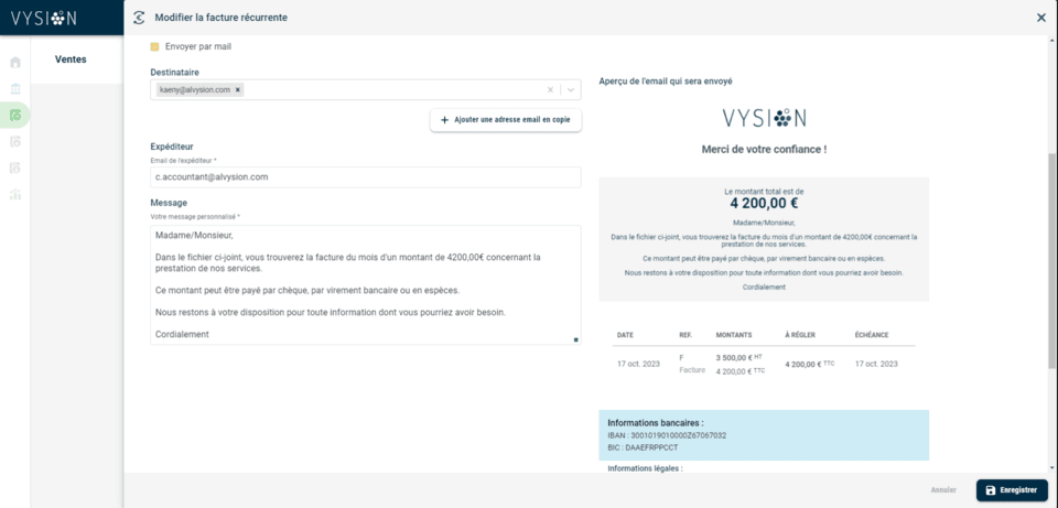 Aperçu de l'e-mail envoyé automatiquement au client à chaque récurrence