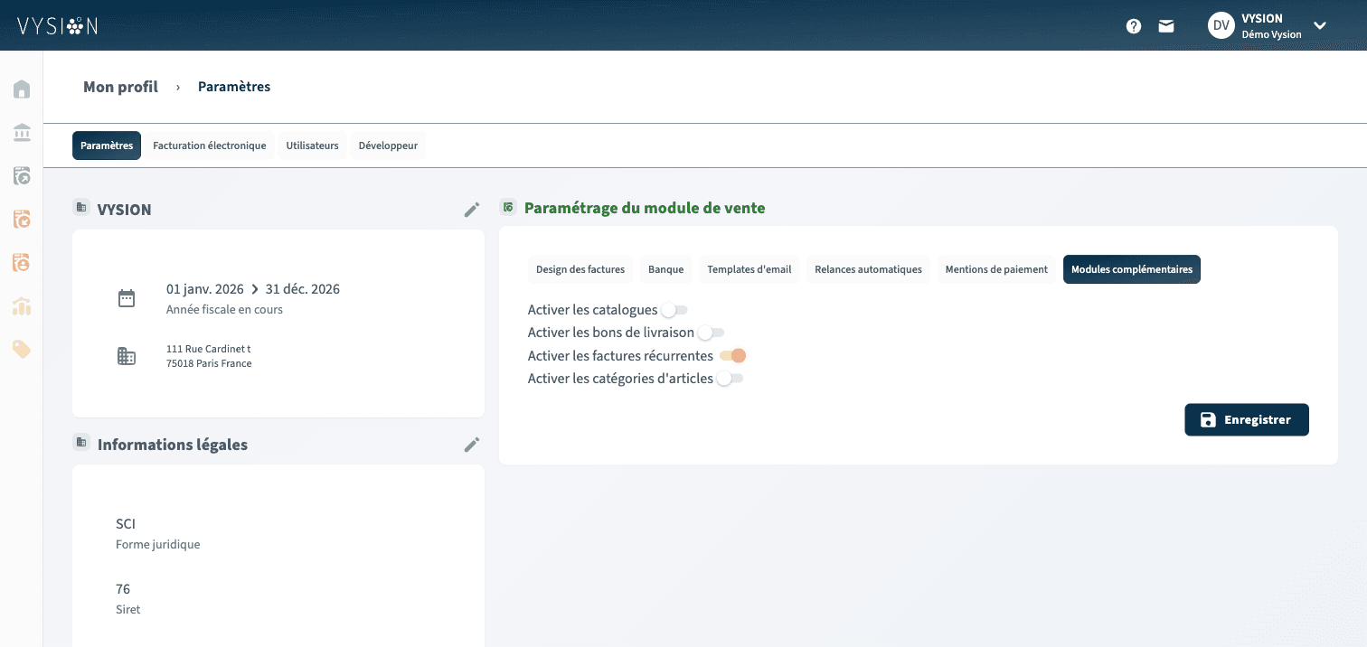 Activation des factures récurrentes dans les modules complémentaires du module de vente