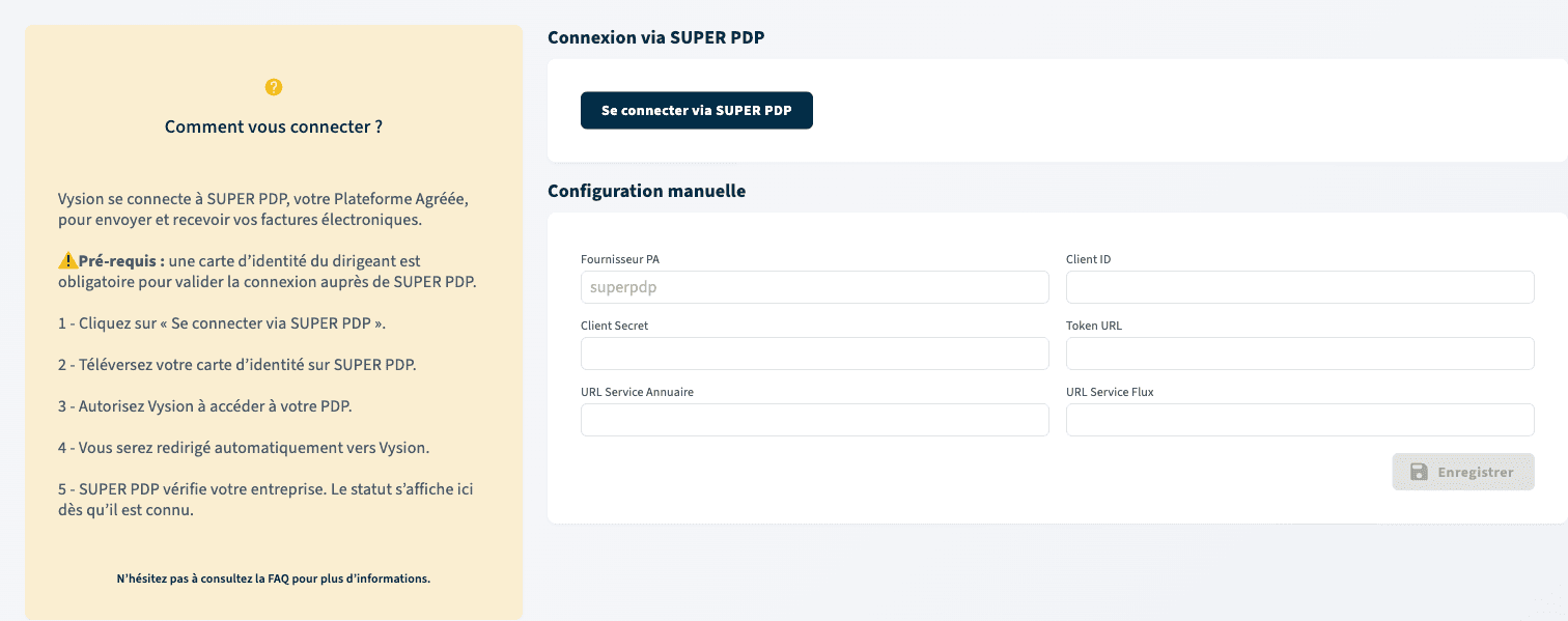Écran de raccordement à la Plateforme Agréée SUPER PDP dans Vysion