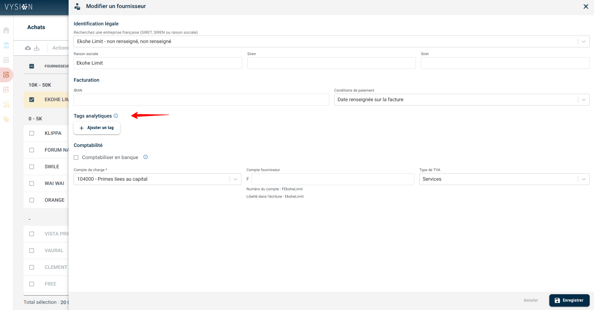 Tags analytiques configurés sur la fiche d'un fournisseur