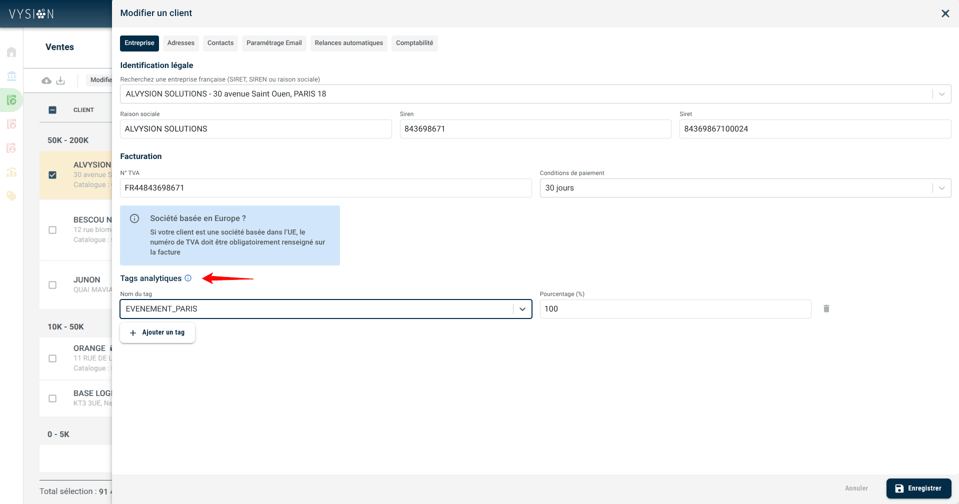 Tags analytiques configurés sur la fiche d'un client