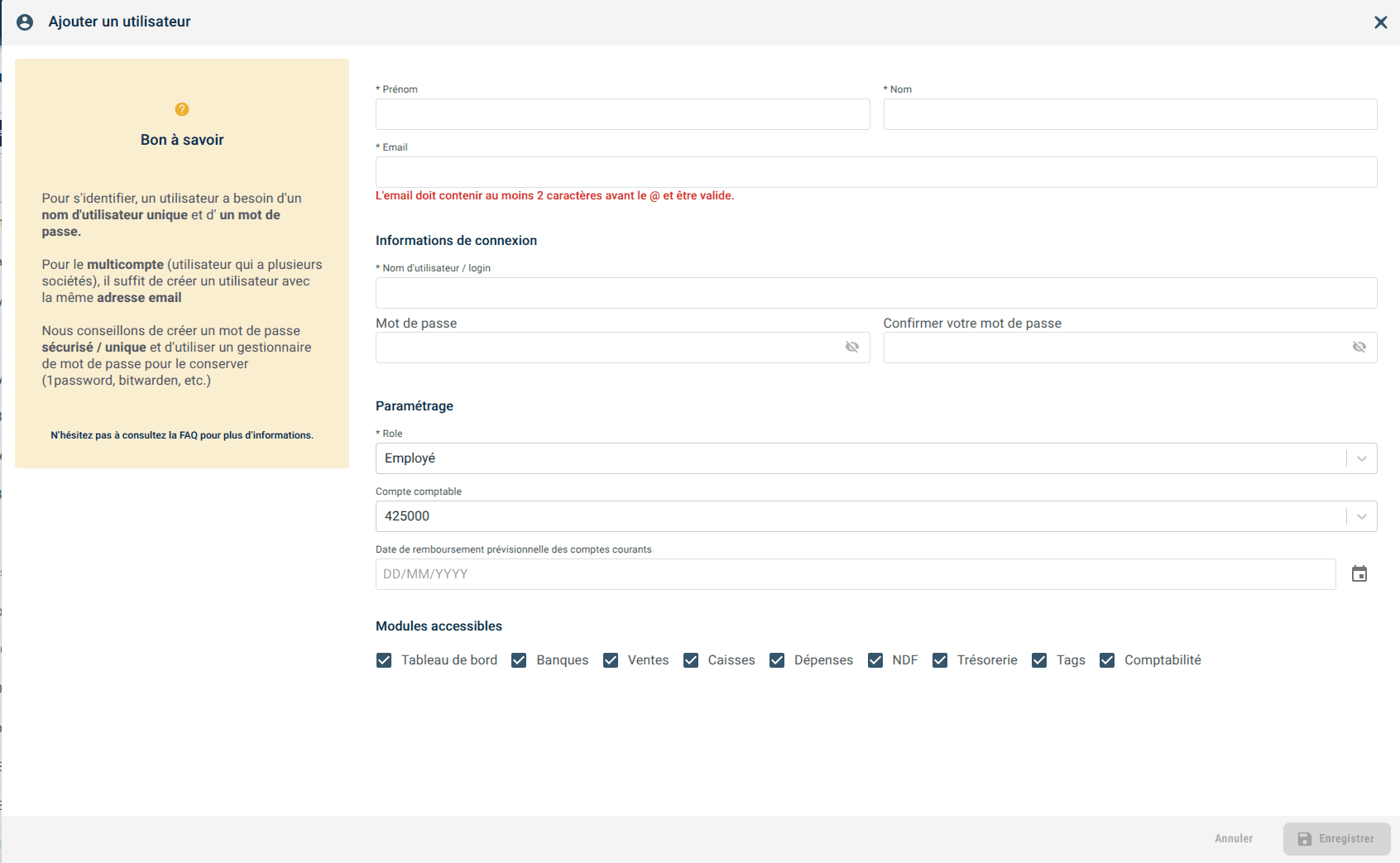Écran de sélection des modules accessibles pour un utilisateur