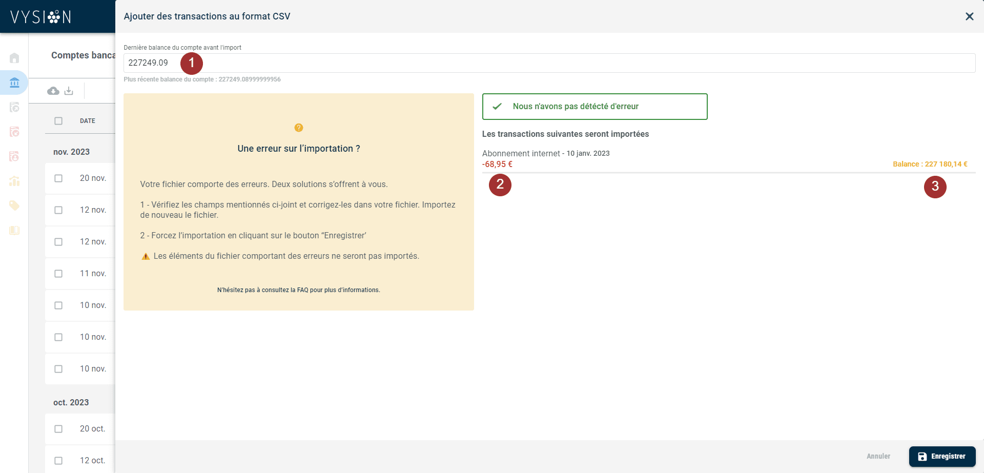 Écran d'import des lignes bancaires sur Vysion