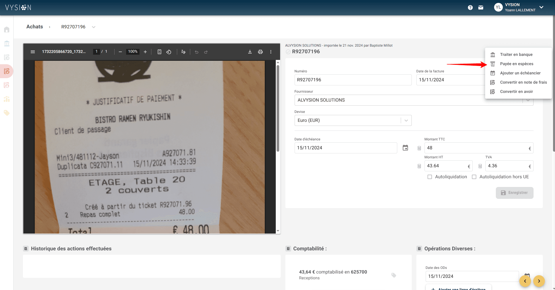 Sélectionner l'option Payée en espèce sur une facture