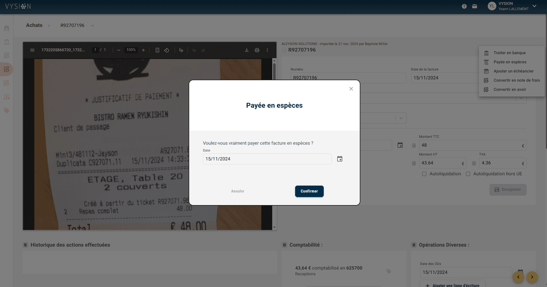 Confirmation du paiement en espèce d'une facture
