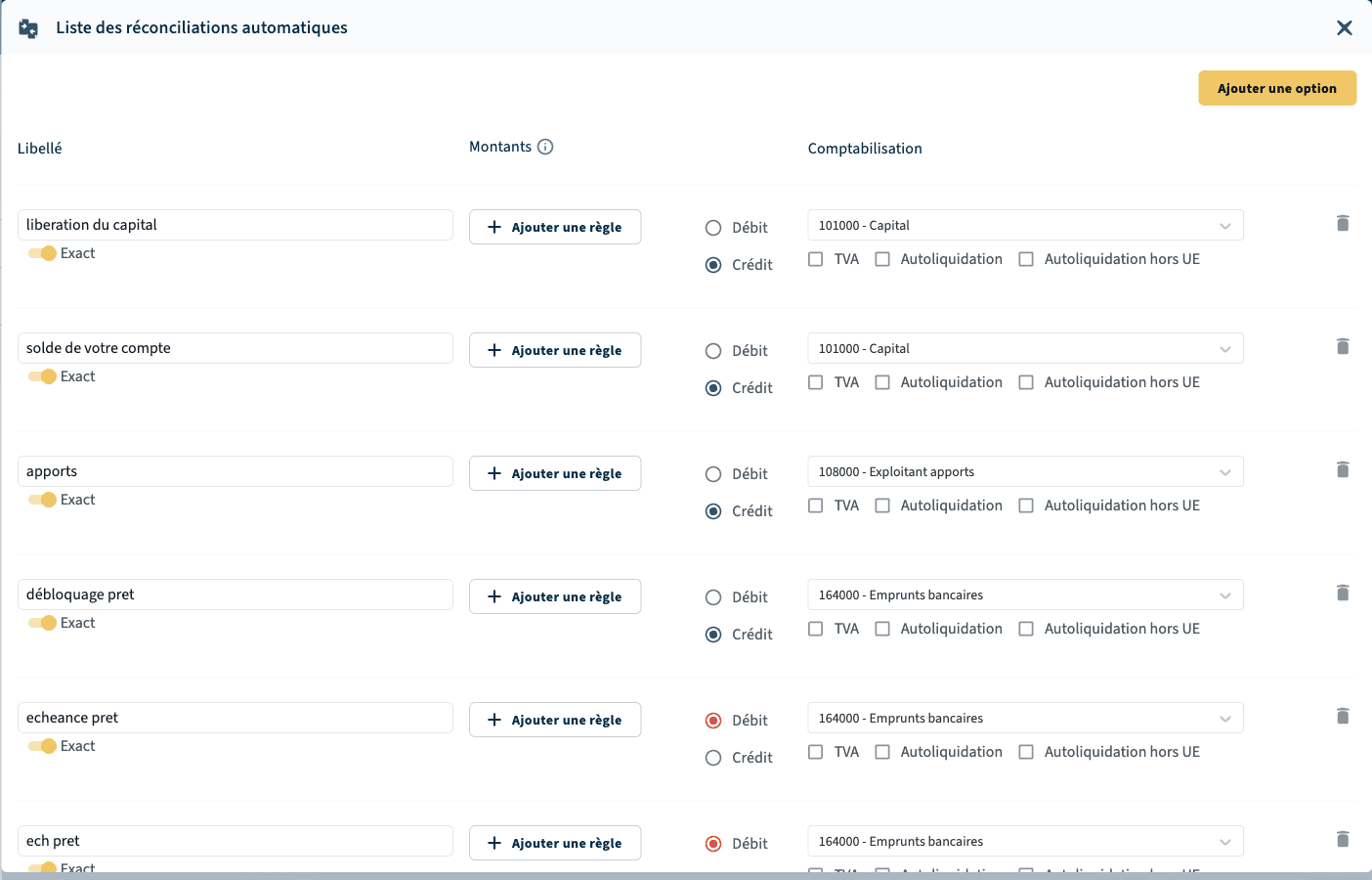 Liste des règles de réconciliation automatique sur Vysion