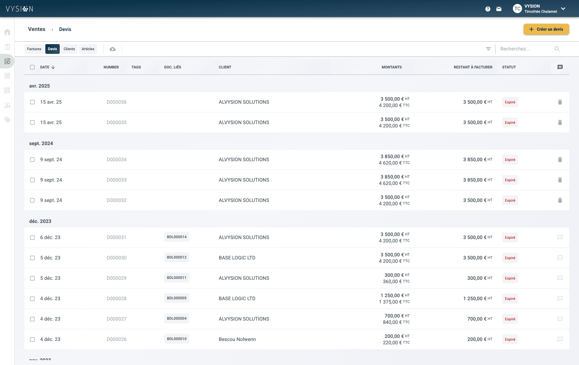 Ouverture d'un devis dans le module Ventes de Vysion